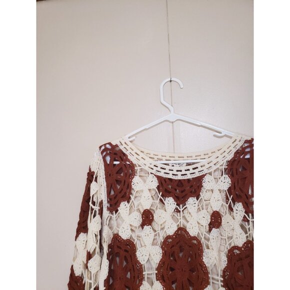 Kings Road Womens L Crochet Top Floral Cream Brown Flare Sleeve Festival Boho - Picture 5 of 7
